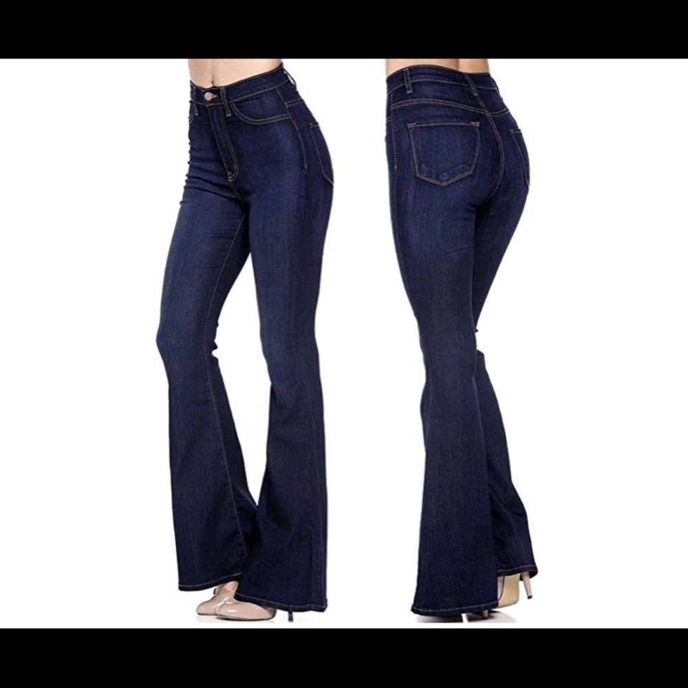 High Waist womens Flare Bell Bottom 70s blue Jeans
